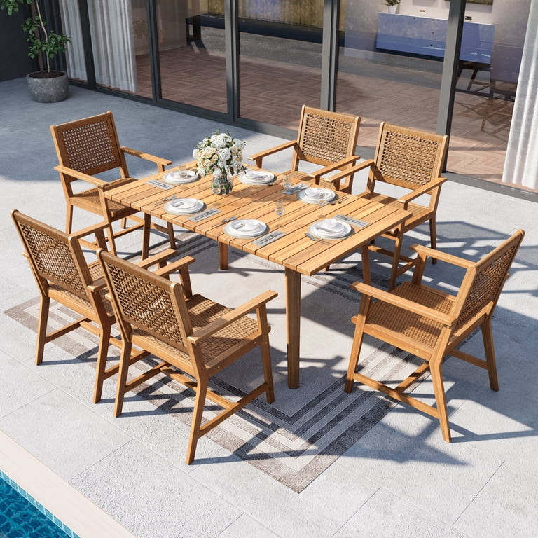 Sophia & William 7 Pieces Acacia Wood Outdoor Patio Dining Set Wicker Rattan Chairs and Rectangle... | Walmart (US)