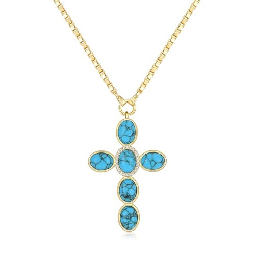 NUZON Turquoise Cross Necklace for Women Oval Blue Gemstone Pendant Necklace Adjustable 18K Gold Plated Box Chain Boho Vintage Statement Charm Necklace Western Jewelry 18’’ | Amazon (US)