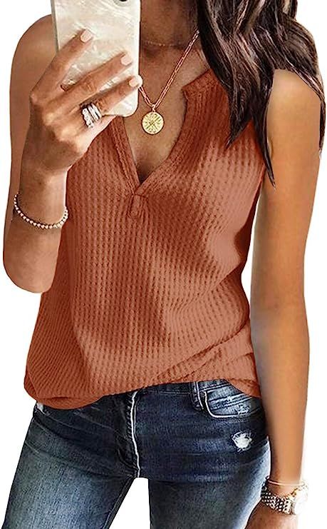 Womens Tank Tops V Neck Waffle Knit Summer Casual Sleeveless Loose Tee Shirts | Amazon (US)