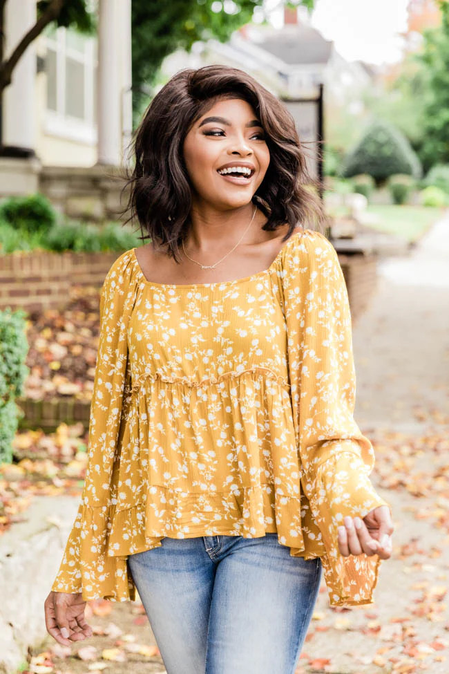 Follow The Sunshine Floral Mustard Blouse CLEARANCE | The Pink Lily Boutique