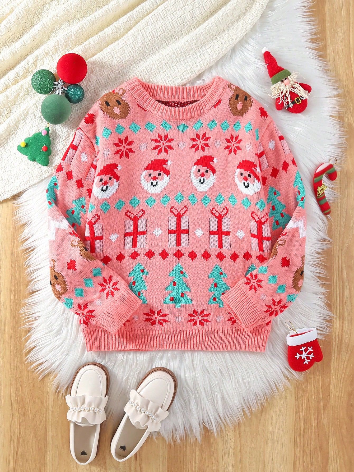 Tween Girl 1pc Christmas Santa Claus & Snowflake Pattern Sweater | SHEIN