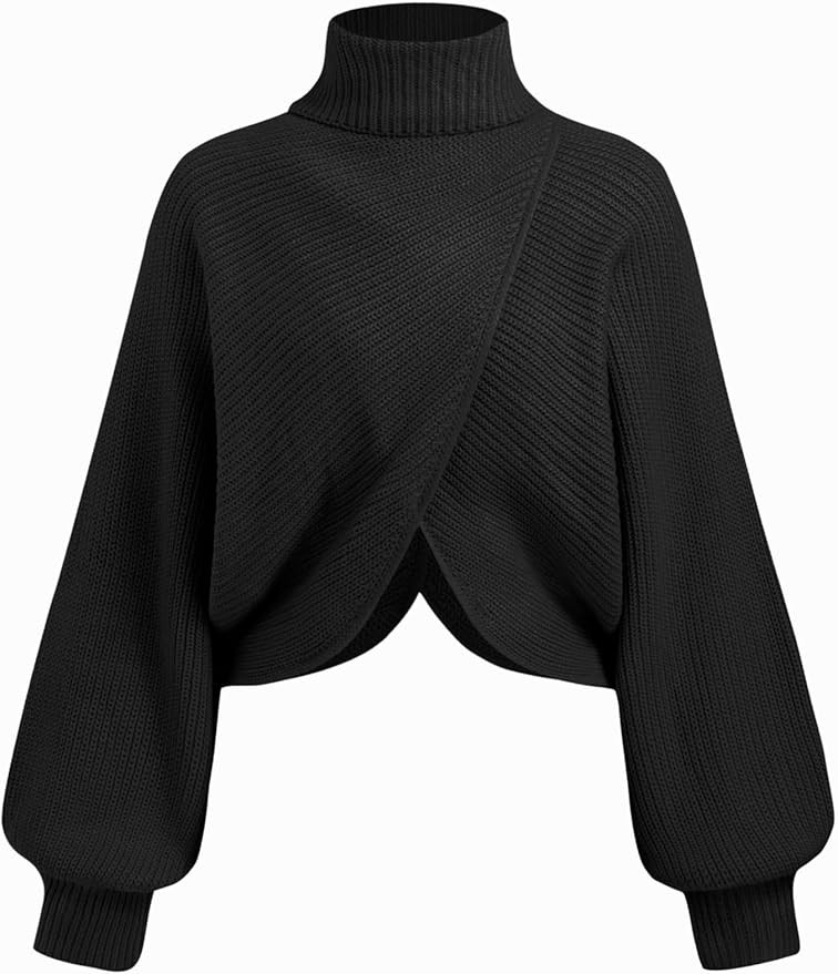 CIDER Cropped Sweaters for Women Turtleneck Sweater Long Sleeve Ribbed Knit Lantern Sleeve Pullov... | Amazon (US)