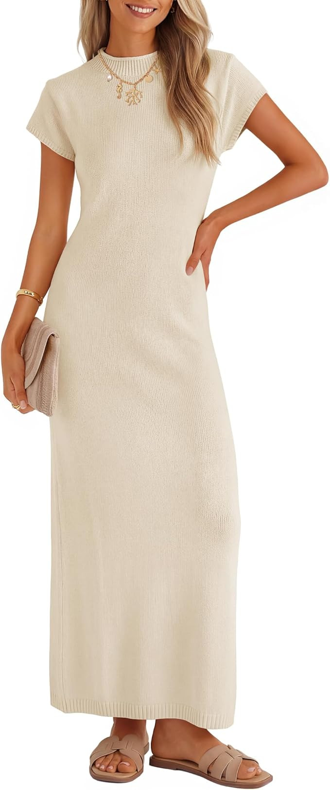 ZESICA Womens Summer Bodycon Maxi Dress 2026 Business Casual Short Sleeve Crewneck Knit Slit Spri... | Amazon (US)