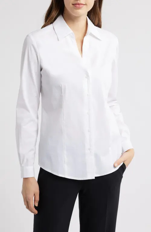 Anne Klein Cotton Blend Poplin Button-Up Shirt in Bright White at Nordstrom, Size Small | Nordstrom