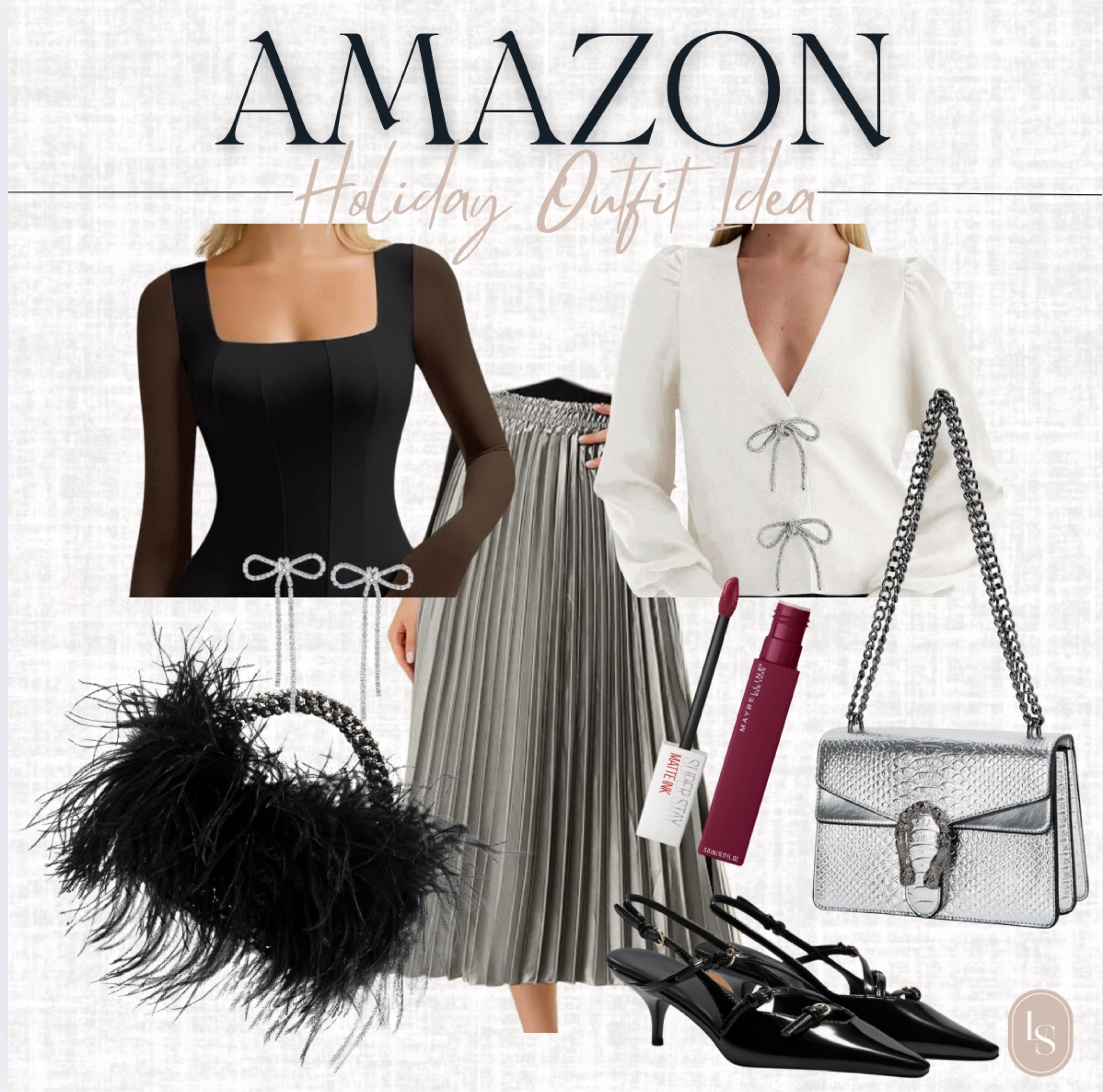 Amazon Holiday Party Outfit Idea! How cute is this metallic pleated skirt worn either with the black bodysuit or white embellished cardigan with kitten heels and the perfect party handbag. Top it off with a cranberry lip and you are ready to go!

#LTKStyleTip #LTKParties #LTKHoliday