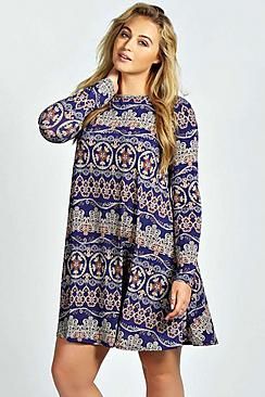 Plus Donna Paisley Long Sleeve Swing Dress | Boohoo.com FR