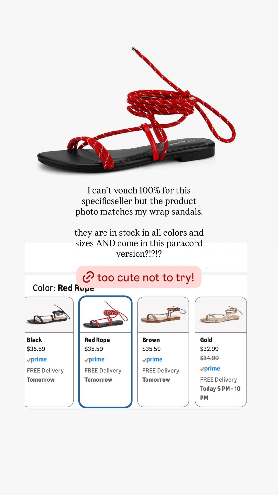 I can’t vouch 100% for this specificseller but the product photo matches my wrap sandals. 

they are in stock in all colors and sizes AND come in this paracord version?!?!?