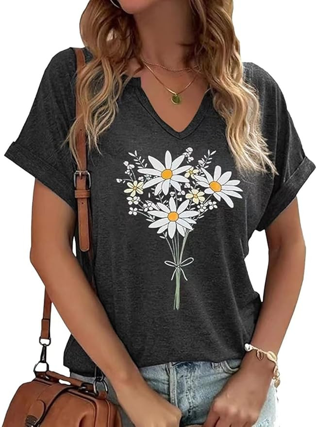 Earlymemb Womens Vintage Flowers V Neck Shirt Boho Floral Wildflowers Graphic Tee Casual Cottagec... | Amazon (US)