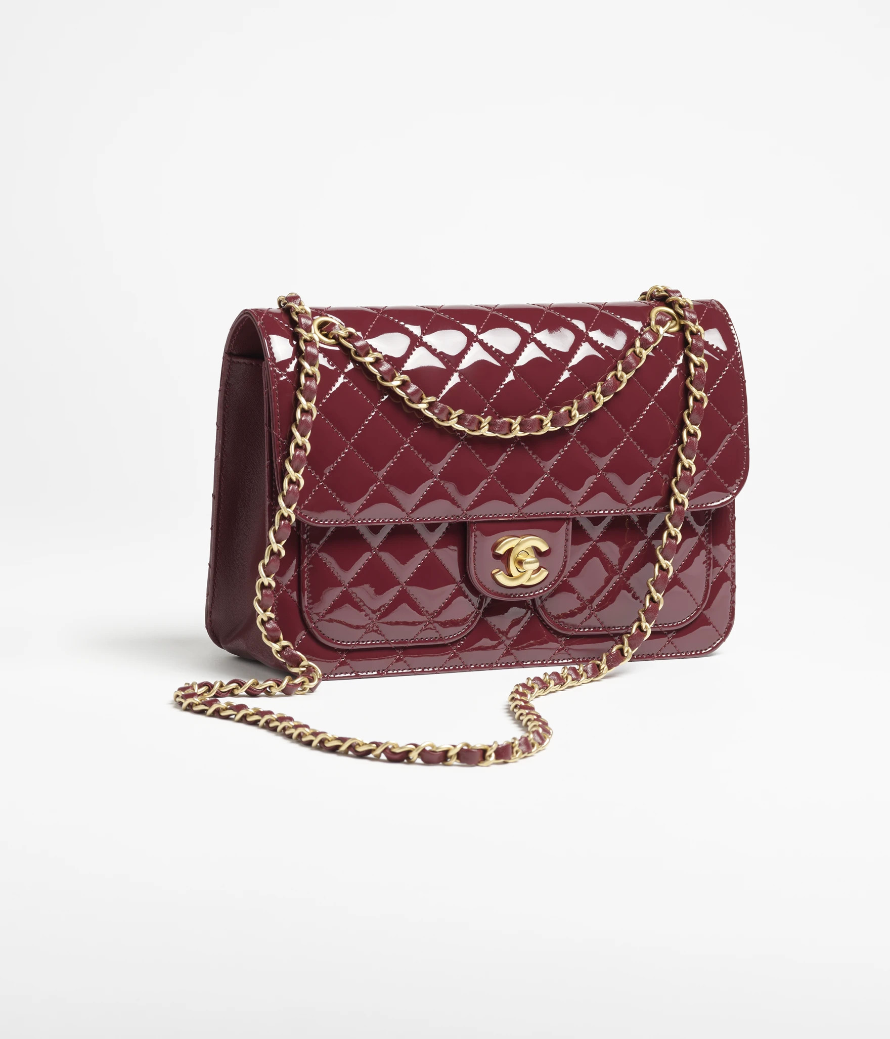 Flap bag, Patent calfskin & gold-tone metal, burgundy — Fashion | CHANEL | Chanel, Inc. (US)