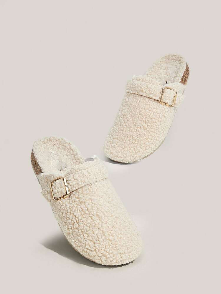 Solecia Women's Round Flat Apricot Toe Slip On Fluffy Slippers With Buckle Decor, Suitable For Indoor And Outdoor For Summer Vacation Shoes Summer Back To School Shoes College Student Shoes Spring Shoes Spring Break Easter | SHEIN