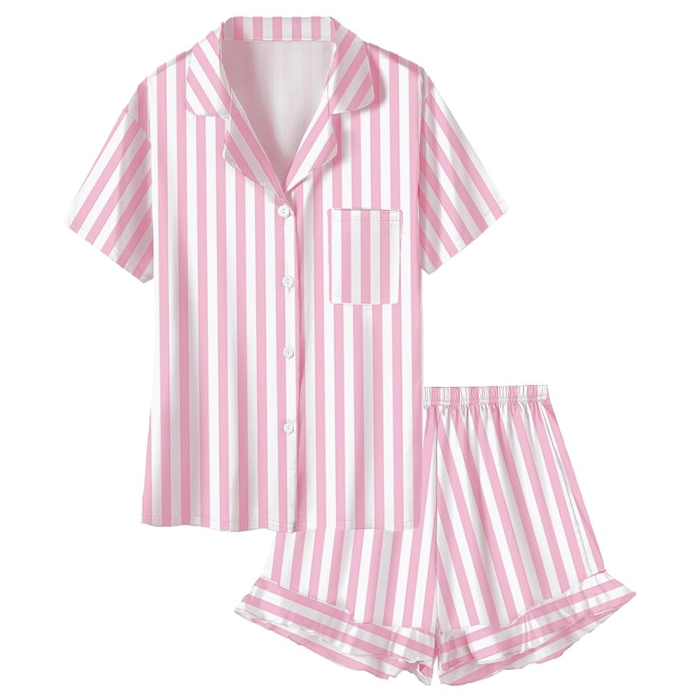 Umeyda Girls & Women Satin Pajamas Set Button Down 2 Piece Silk Pjs Shorts Set Ruffle Sleepwear, ... | Amazon (US)