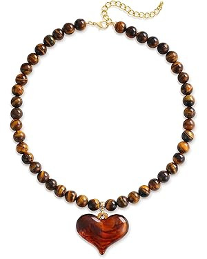 Chunky Stone Beaded Necklace Amber Puffy Resin Heart Pendant Necklace for Women - Tiger Eye Vinta... | Amazon (US)