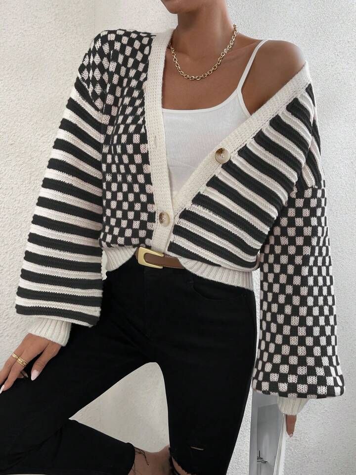 SHEIN Essnce Contrast Striped & Checker Pattern Lantern Sleeve Drop Shoulder Cardigan | SHEIN