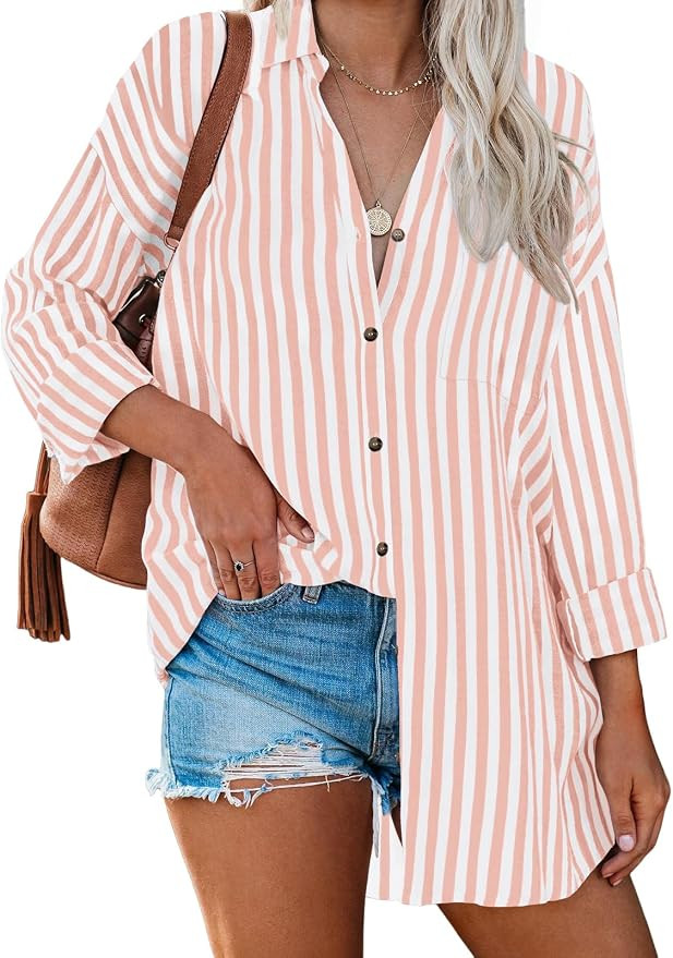 LILLUSORY Striped Button Down Shirts for Women 2025 Summer Long Sleeve Tops Work Blouses Vacation... | Amazon (US)