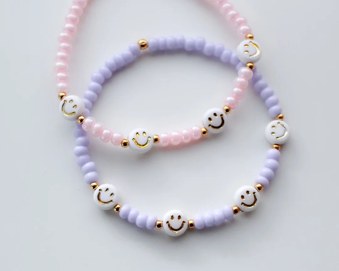 Smiley Face Dainty Seed Bead Layering Bracelet  Pastel Pink - Etsy | Etsy (US)