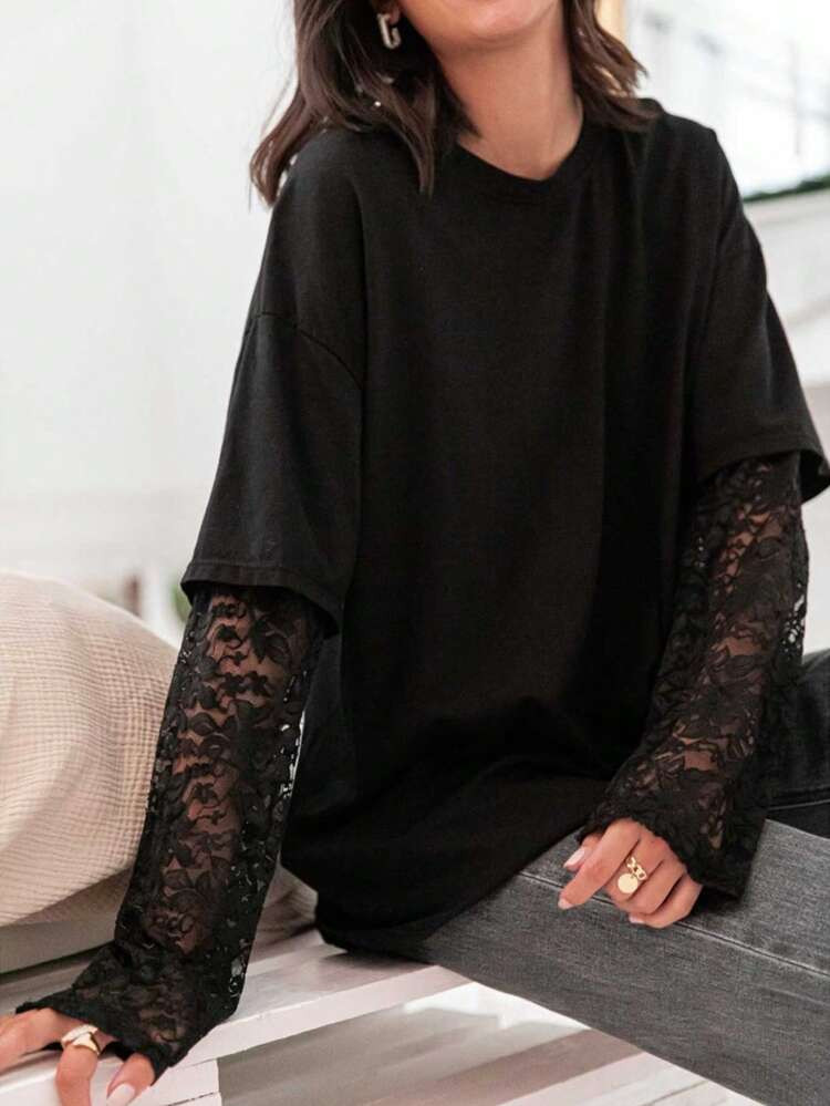 Tshirt with lace detail | SHEIN