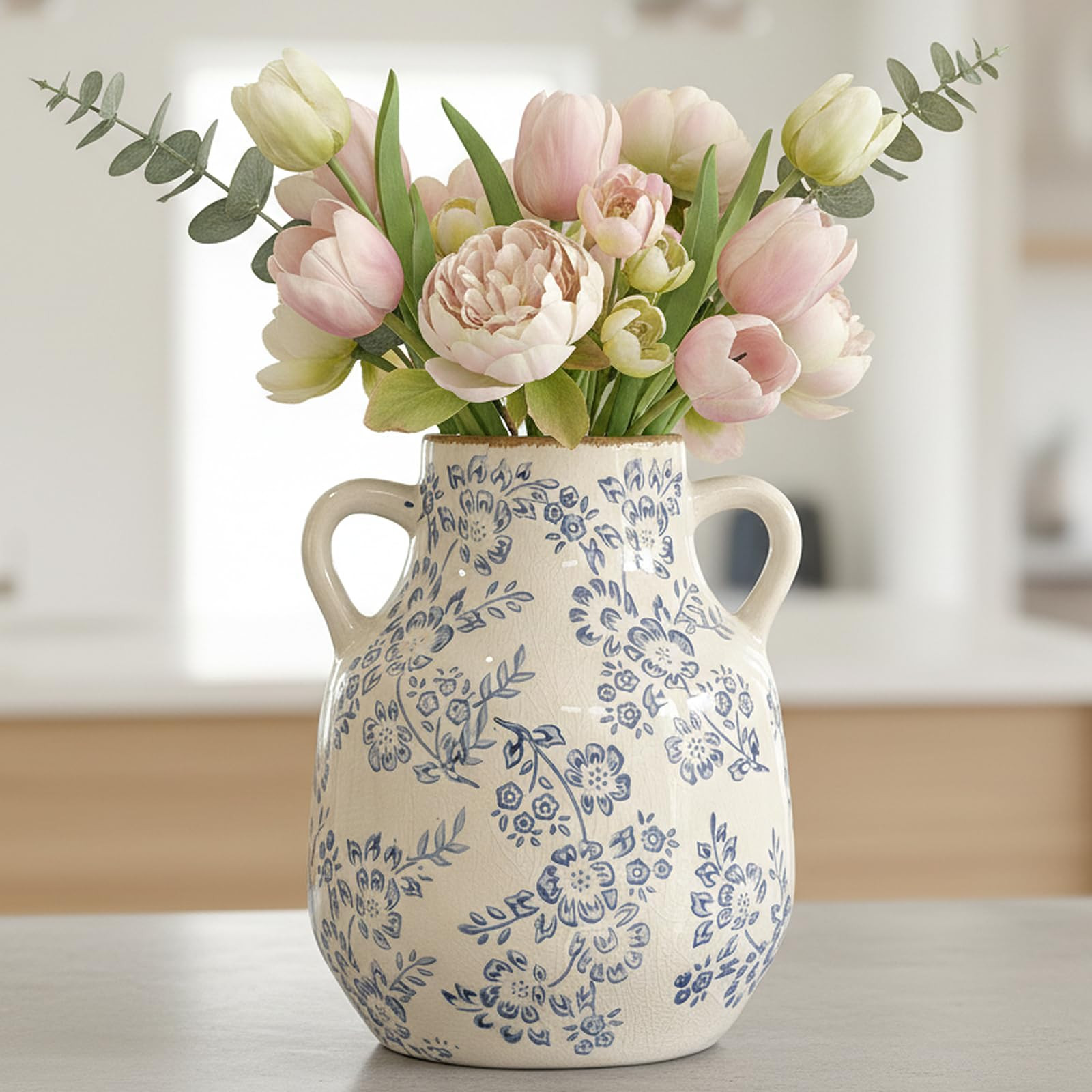 Ceramic Vase Vintage Flower Vase, Blue and White Chinoiserie Floral Decorative Vase, Rustic Retro... | Amazon (US)