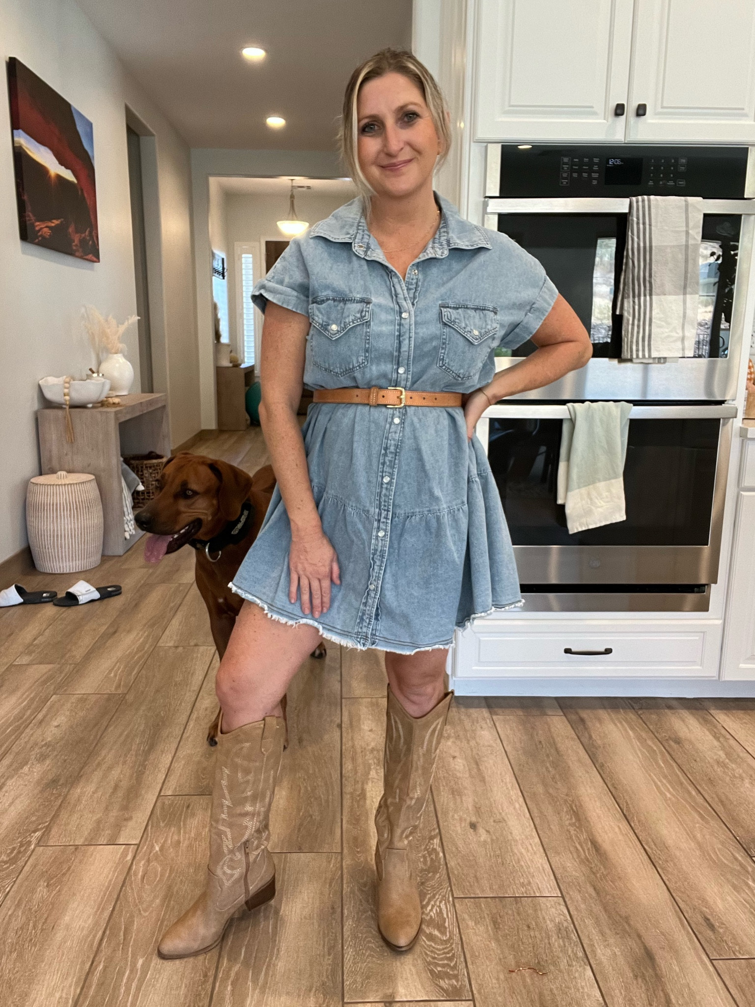 Denim chambray dress
Faux leather belt
Dirty laundry cowgirl boots 



#LTKSeasonal #LTKshoecrush #LTKmidsize