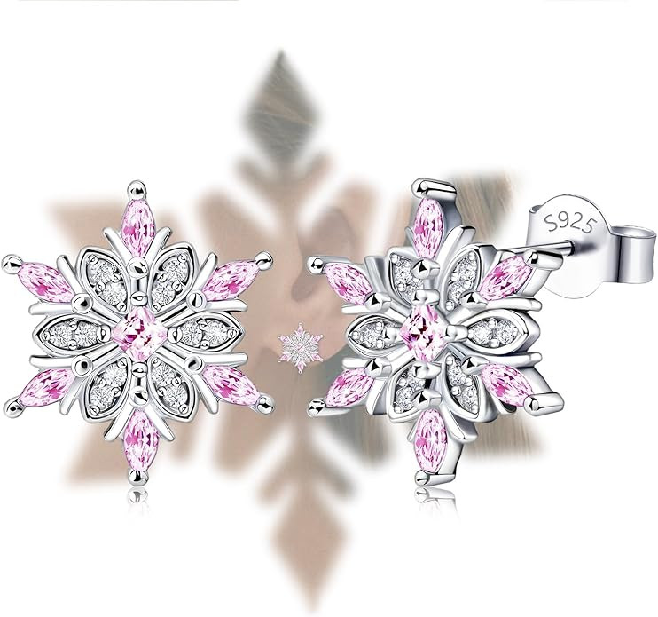 Sterling Silver Snowflake Earrings Studs Charms Hypoallergenic Fashion Pink CZ Stud Jewelry Birth... | Amazon (US)