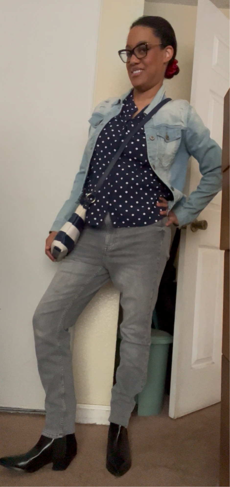 OOTD 
Jean jacket @kohl’s
Grey jeans @HM
Black boots @HM
Navy dark blue with polka dots @oldnavy
Blue and white purse @kohl’s

#LTKMidsize #LTKStyleTip #LTKU