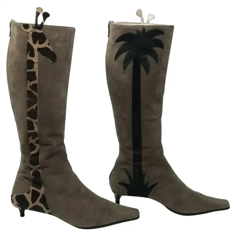 Moschino Brown Olive Suede Giraffe Boots | 1stDibs