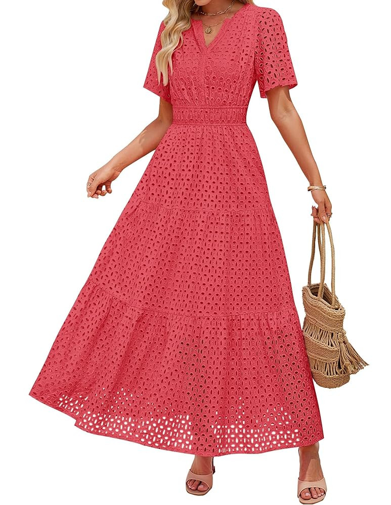 ZESICA Women's 2025 Summer Short Sleeve Maxi Dress Casual V Neck Hollow Out Eyelet Ruffle Swing A... | Amazon (US)