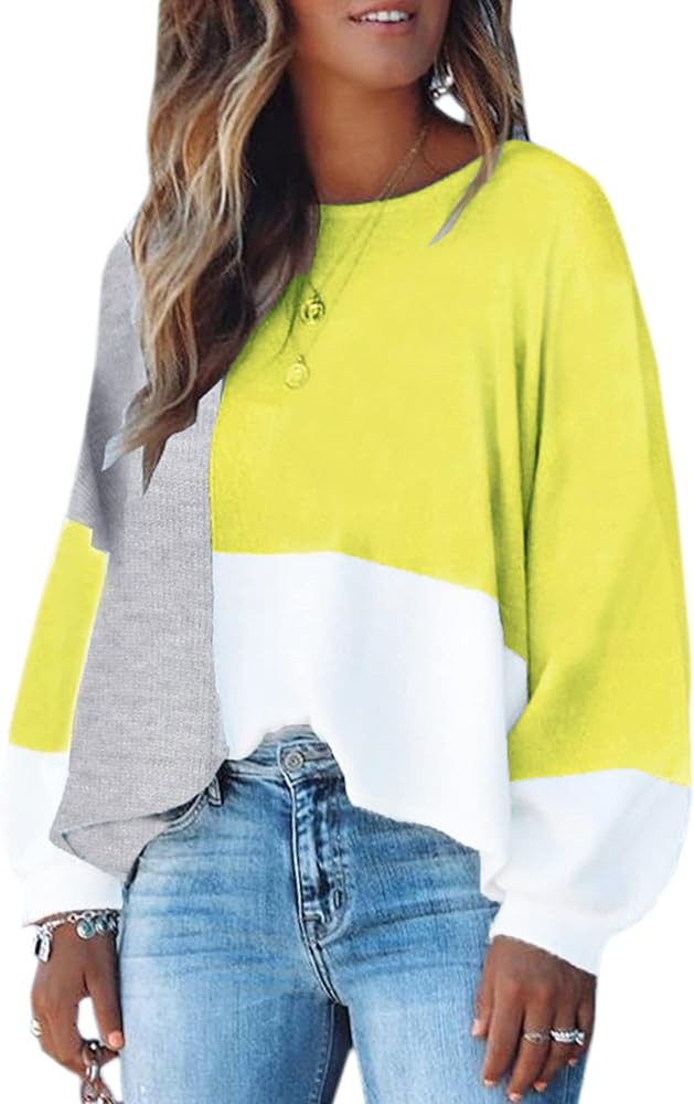 ECOWISH Women Sweater Long Sleeve Color Block Knit Pullover Sweaters Crew Neck Patchwork Casual L... | Amazon (US)