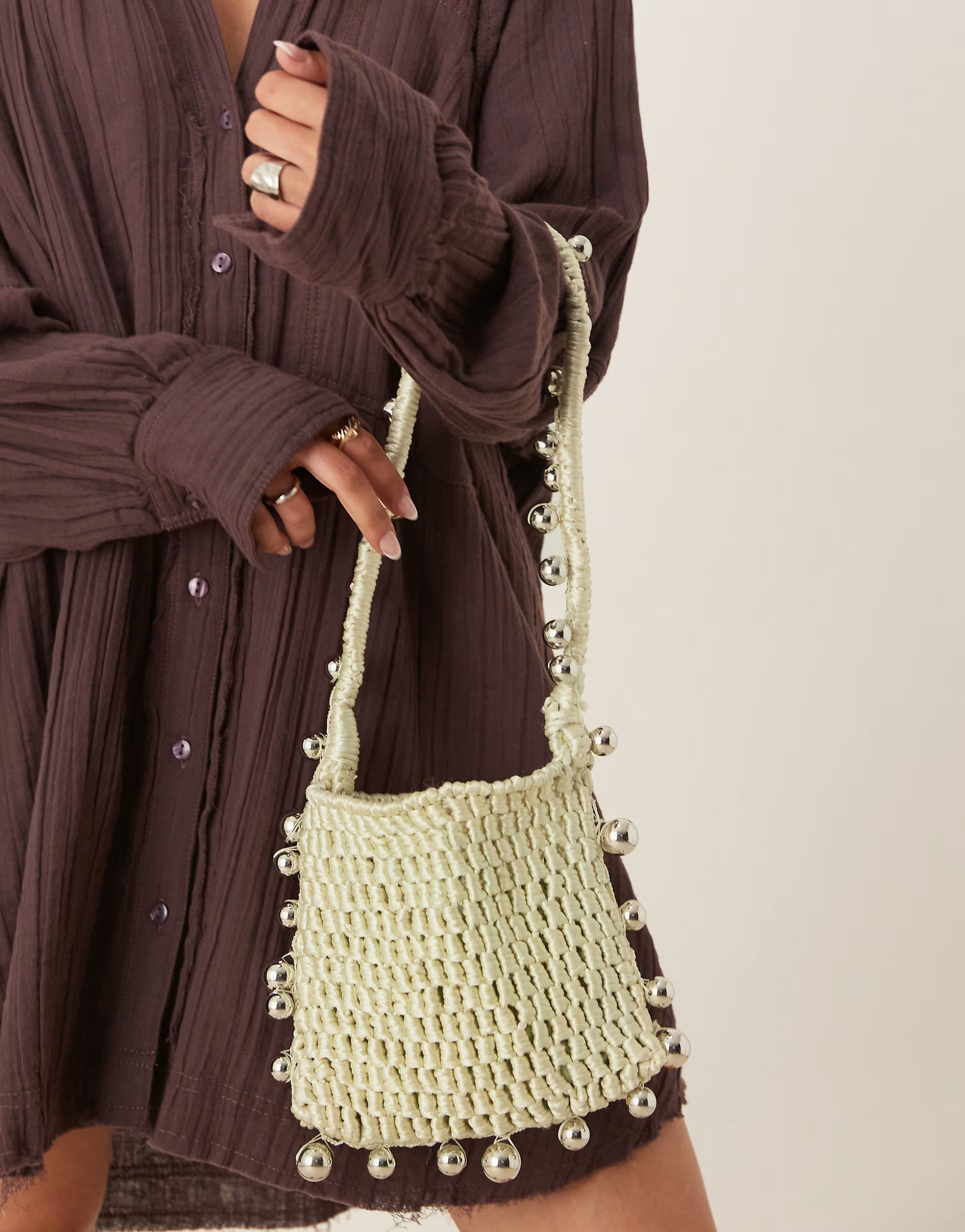 ASOS DESIGN crochet bag with beaded strap in sage | ASOS (Global)