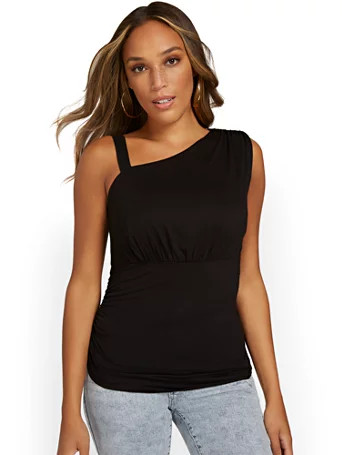NY & Co Women's Asymmetric One-Shoulder Pleated Top Black Size X-Large Spandex/Rayon | New York & Company