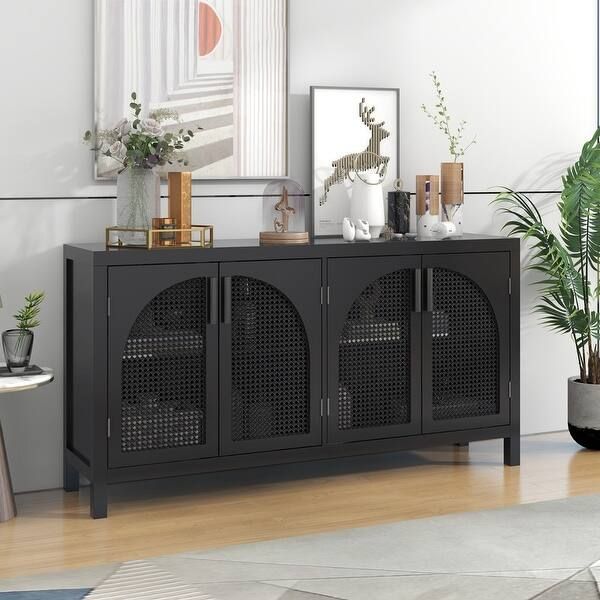 Modern Storage Sideboard with Artificial Rattan Door for Living Room Entryway - Black | Bed Bath & Beyond
