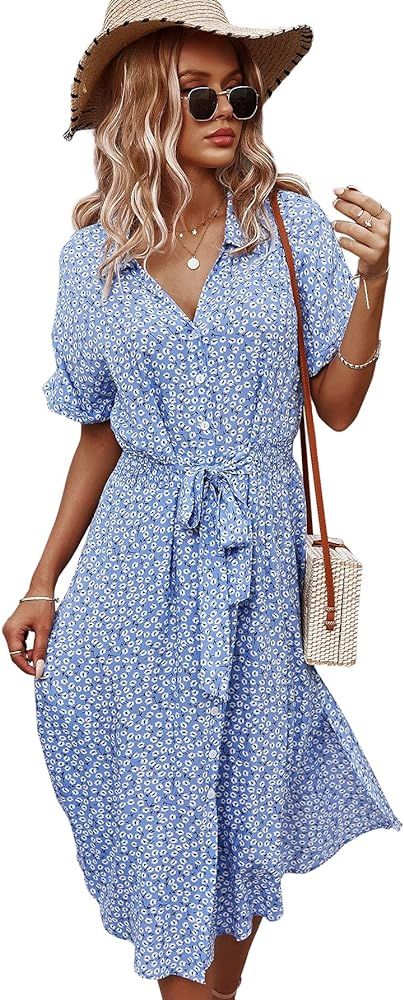 SOLY HUX Women's Ditsy Floral Button Down Short Sleeve Tie Front Midi Shirt Dress | Amazon (US)