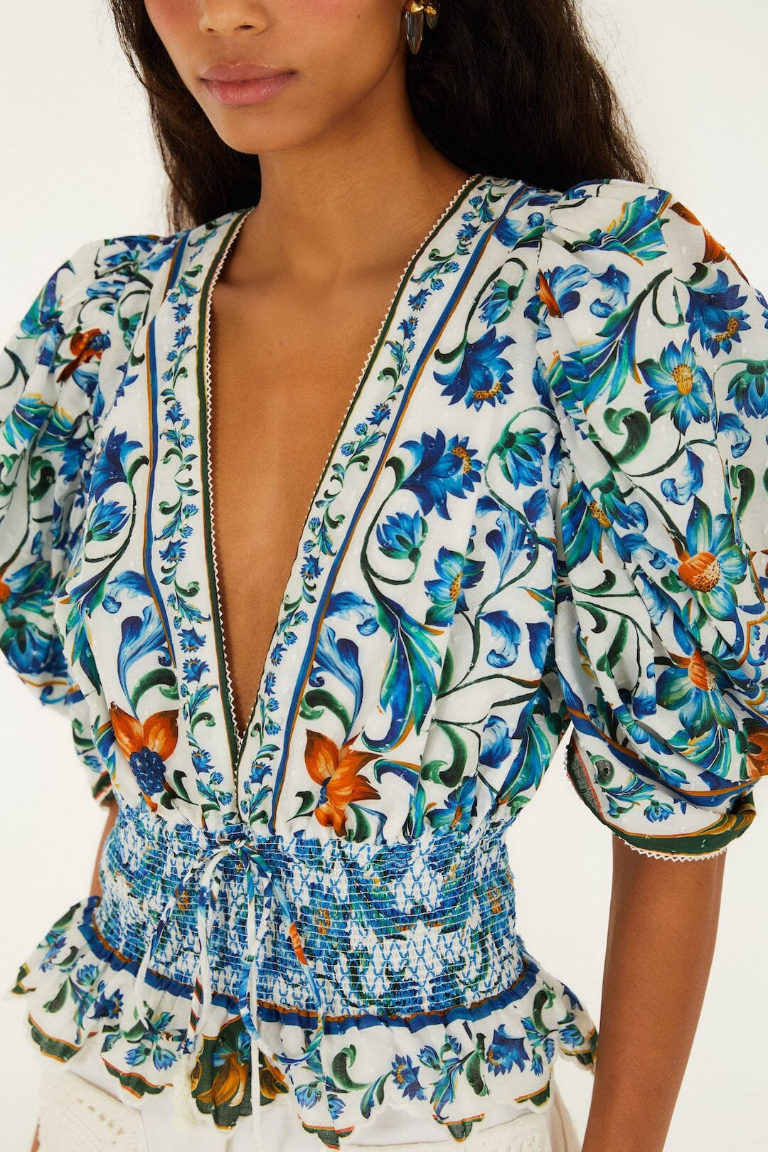 Off-White Flora Tile Smocked Organic Cotton Blouse | FARM Rio | FarmRio (US)