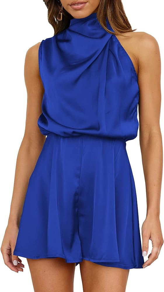 BTFBM Women's Mock Neck Summer Romper 2024 Satin Sleeveless Elastic Waist Casual Beach Party One ... | Amazon (US)