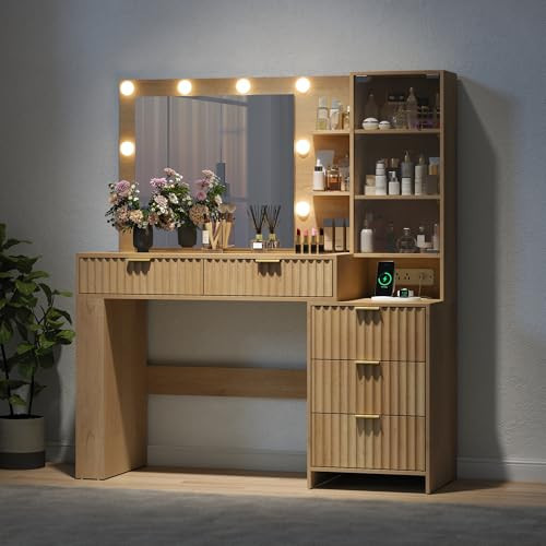 Vanity Desk with Mirror and Lights,48'' Fluted Wood Makeup Vanity with 5 Drawers and Adjustable Shelves,Large Vanity With Glass Top & Power Outlet,Makeup Desk Dressing Table for Women & Girls Bedroom | Amazon (US)