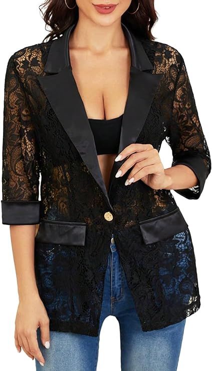 WDIRARA Women's Floral Lace Mesh One Button Lapel Neck Long Sleeve Elegant Jacket Blazer | Amazon (US)