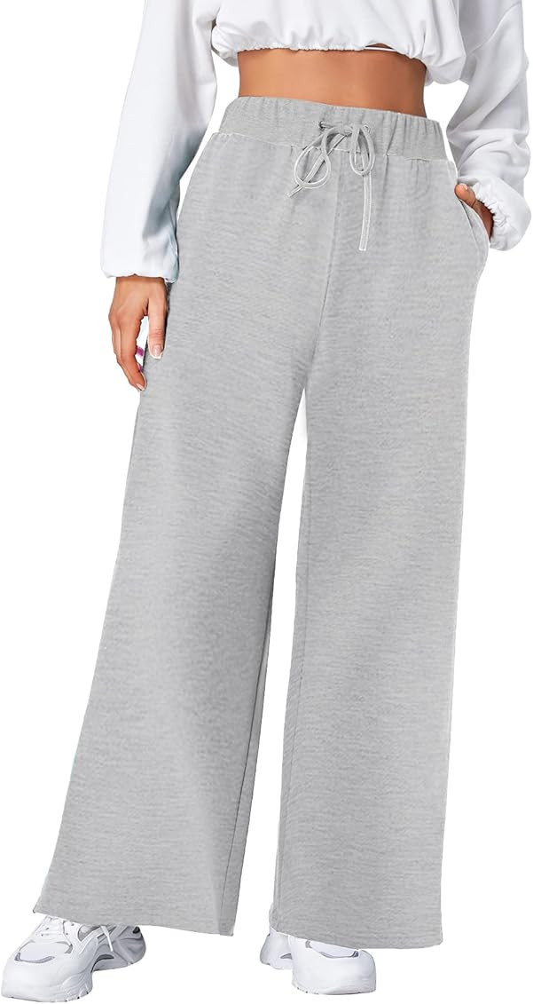 Floerns Women's Causal Drawstring High Waist Baggy Straight Wide Leg Sweatpants with Pockets | Amazon (US)