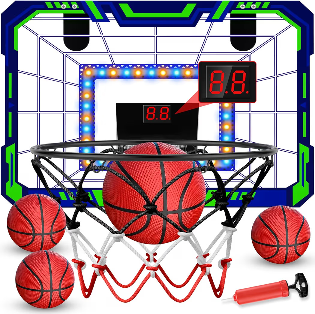 Kids Indoor Basketball Hoop - Over The Door Mini Basketball Hoop with LED Scoreboard, Lights & So... | Amazon (US)