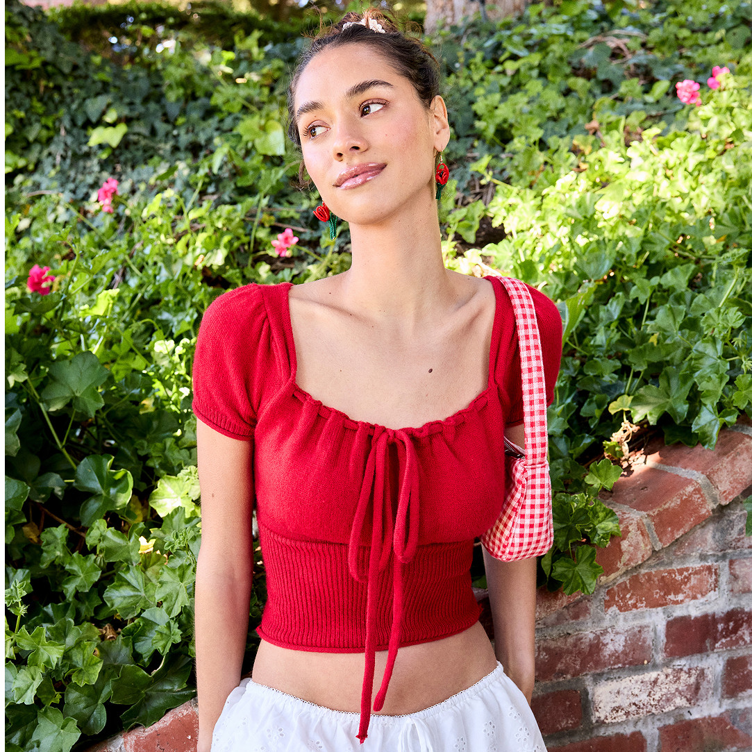 Square Neck Solid Knotted Knitted Short Sleeve Top... | Cider