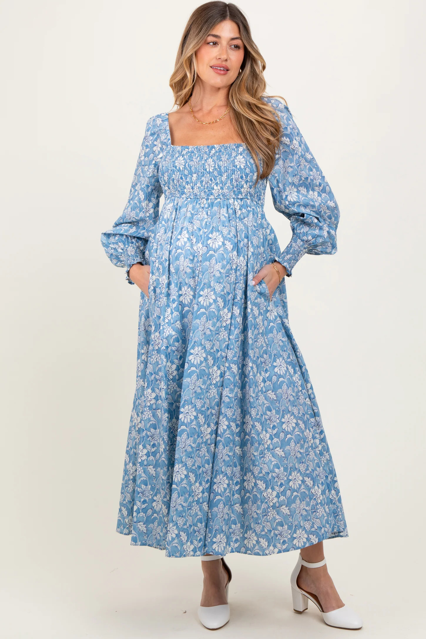 Light Blue Smocked Cotton Floral Maternity Maxi Dress | PinkBlush Maternity