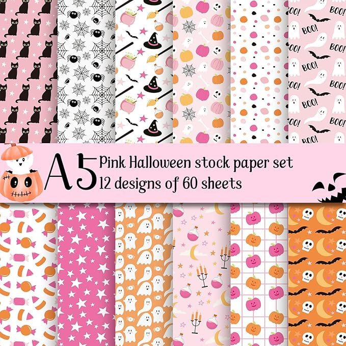 60 Sheets Pink Halloween Scrapbook Paper, A5 Size Assorted Pink Ghost Boo Candy Bat Spider Patter... | Amazon (US)