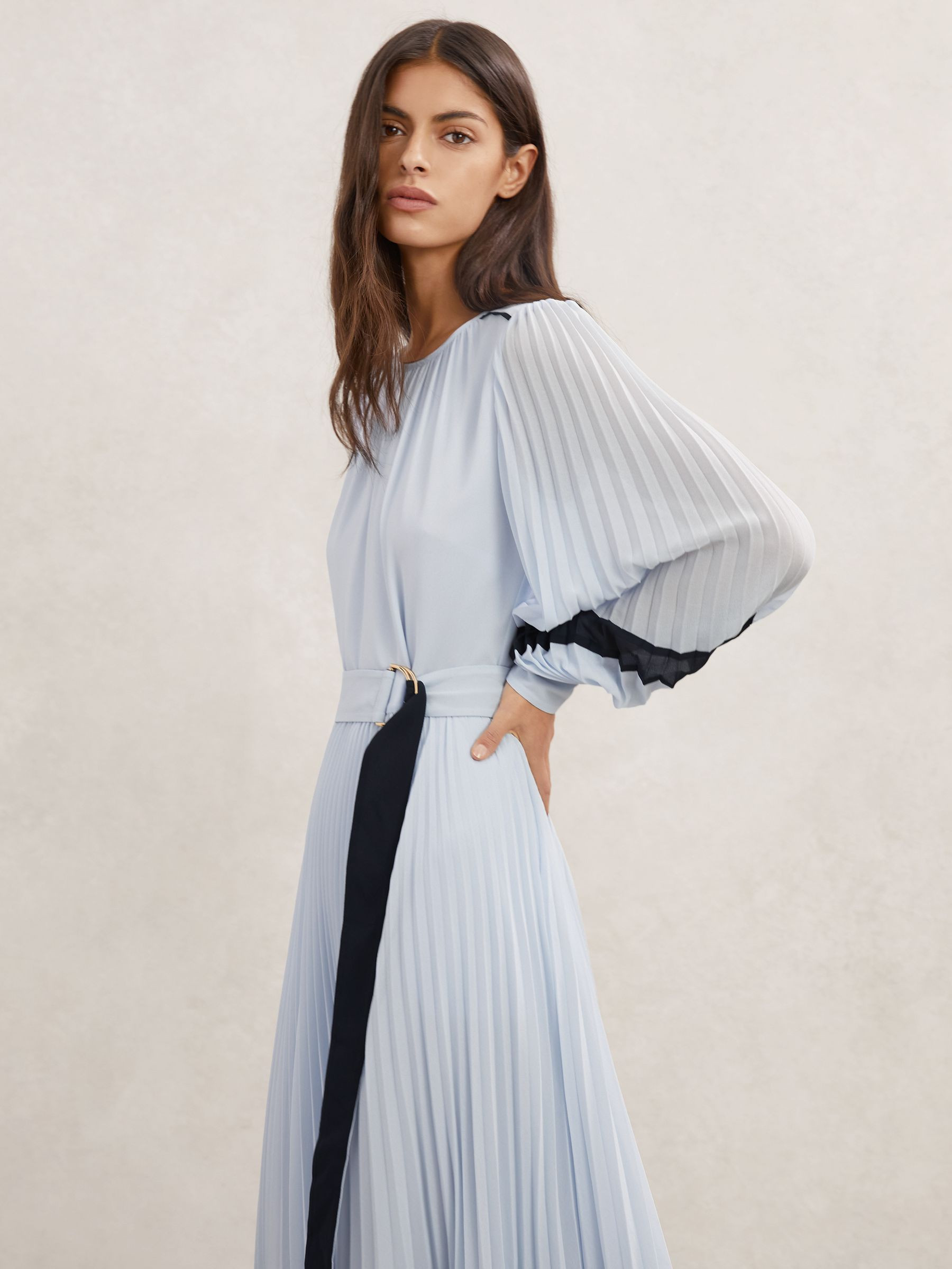 Reiss Colour-Block Pleated Midi Dress in Blue/Navy | REISS | Reiss US