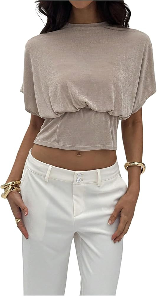 Milumia Women's Ruched Dolman Short Sleeve Crop Top Elegant Round Neck Going Out Tee Tops | Amazon (US)