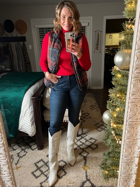 In love with this look that has me feeling so merry!! Still crushing over my new white boots and wearing this perfect red mock turtleneck every chance I get!  My vest is old but I’ve linked a few similar…and one is under $20!!! 



#LTKunder50 #LTKsalealert #LTKHoliday