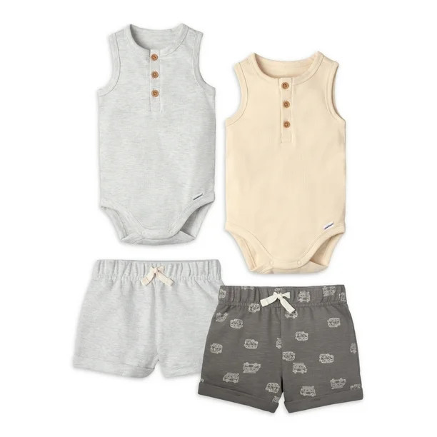 Modern Moments by Gerber Baby Boy Ribbed Henley Bodysuits and Shorts Outfit Sets, 4-Piece, 0/3 -2... | Walmart (US)