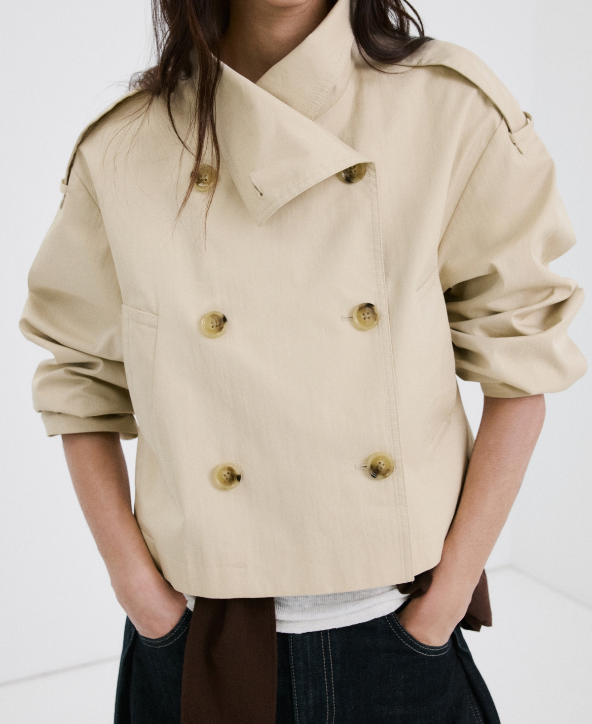 Mango Women's Funnel-Neck Cropped Trench Coat - Beige | Macy's