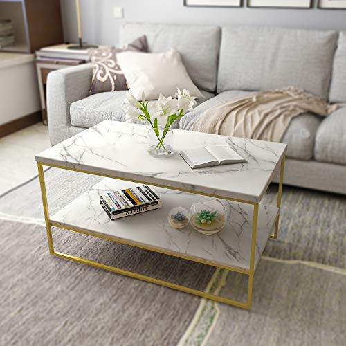 roomfitters Marble Coffee Table 2-Tier, Rectangle Center Table for Living Room, Cocktail Table wi... | Amazon (US)