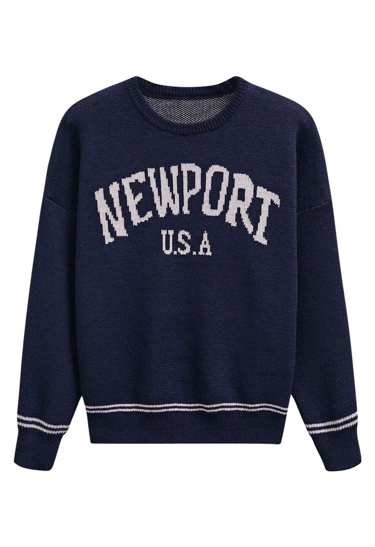 Newport Letter Crew Neck Oversized Knit Sweater in Navy | Chicwish