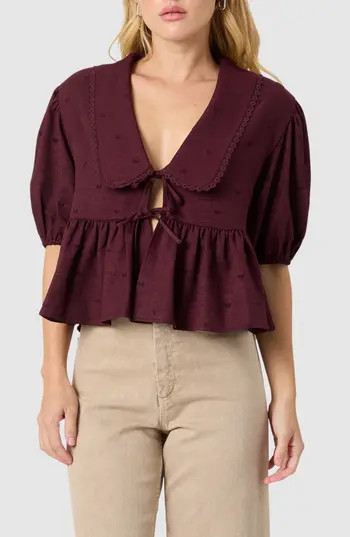 All in Favor Oversize Peter Pan Collar Puff Sleeve Top in Burgundy Bow at Nordstrom Rack, Size Large | Nordstrom Rack
