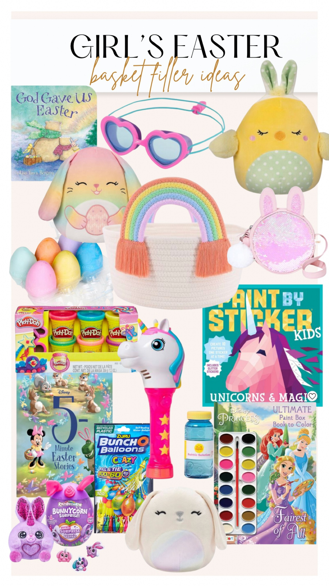 Girl’s Easter basket fillers. I have a five year old daughter and these are some of the things I’m using to fill her Easter basket this year. 

Easter squishmallow, surprise squishmallow, paint by sticker, Easter book, god gave us Easter book, Easter egg chalk, unicorn bubble gun, bunny squishmallow, chick squishmallow, girls heart goggles, girls bunny purse, rainbow Easter basket, water balloons, princess paint book, sparkle playdoh 

#LTKkids #LTKSeasonal #LTKFind