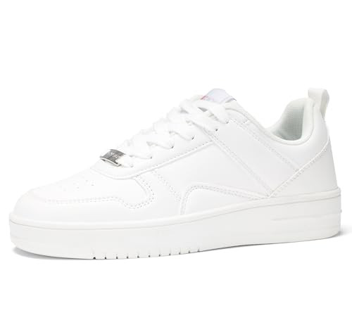 LUCKY STEP Women Fashion Sparkle Rhinestone Sneakers White Leather Low Top Tennis Shoes Lace Up Casual Comfortable Walking Shoe(All White,8B(M) US) | Amazon (US)